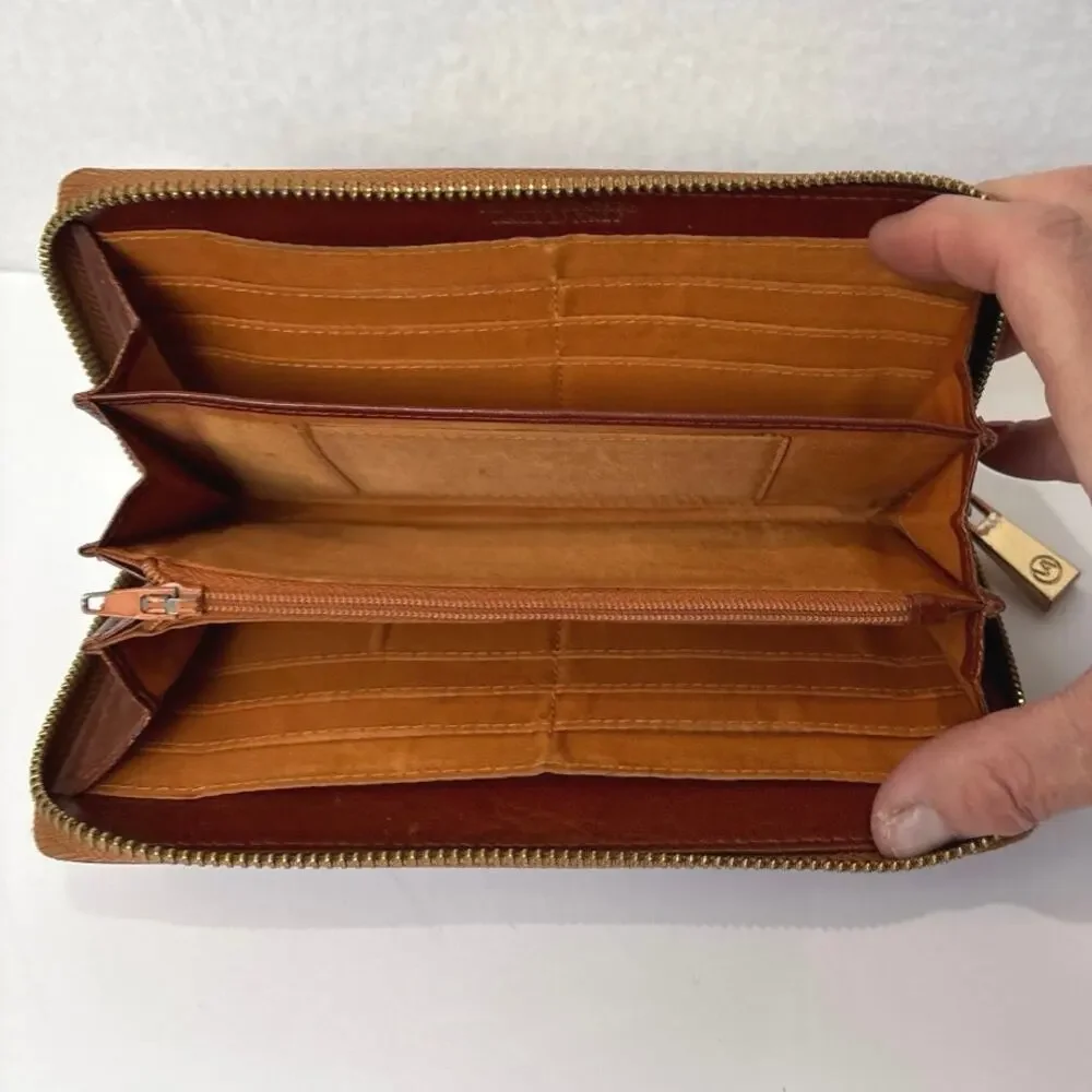 Valentina Italian Tulip Embossed Brown Leather Wallet Corner Zip Gold Hardware